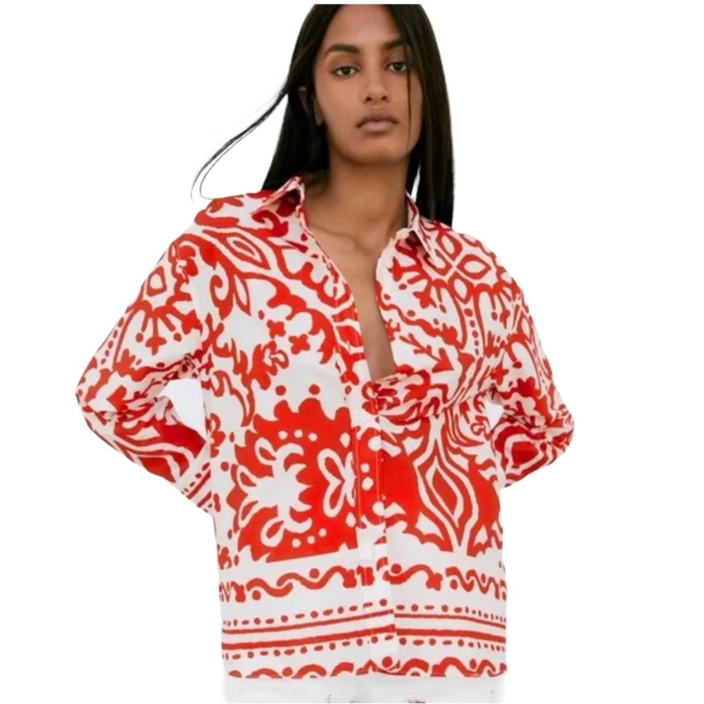 Zara Graphic Poplin Printed Oversized Long Sleeve Button Up Shirt Red & White M